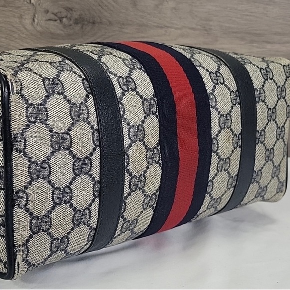 AUTHENTIC GUCCI VINTAGE WEB SHERRY LINE BOSTON BAG…MONOGRAM CANVAS NAVY LEATHER - Picture 5 of 11